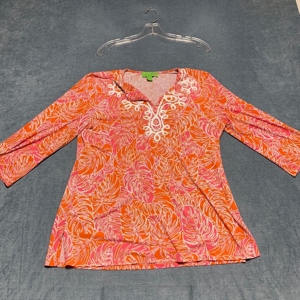 Island Republic Tunic Top Womens Large Orange White Long Sleeve V Neck Side Slit